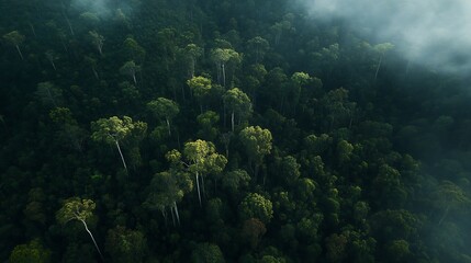 Poster - Mist Shrouded Remote Jungle Landscape Seen from Above in Earthy Green Tones : Generative AI