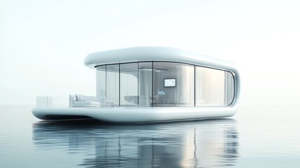 Poster - A futuristic floating house with transparent walls and a smart home interface, set against a clean white backdrop, embodying future housing technology