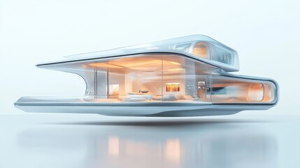 Poster - A futuristic floating house with transparent walls and a smart home interface, set against a clean white backdrop, embodying future housing technology