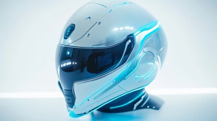 Poster - A futuristic silver helmet with neon blue highlights, embodying modern technology and style, elegantly placed against a crisp white canvas