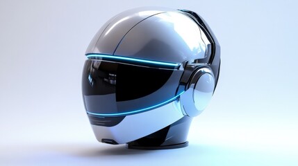 Poster - A futuristic silver helmet with neon blue highlights, embodying modern technology and style, elegantly placed against a crisp white canvas