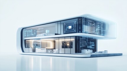 Poster - A futuristic smart home with glowing digital panels and sleek, modern design, displayed on a white background, representing the next era of housing