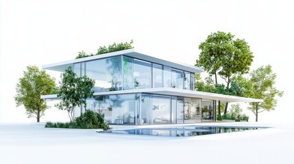 Poster - A futuristic smart home with transparent walls and eco-friendly technology, resting on a white backdrop, representing innovative and sustainable living
