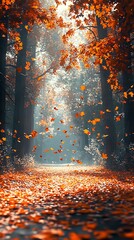 Aufkleber - Serene Autumn Landscape With Golden Leaves in Sunlit Forest Path : Generative AI