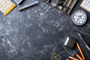 Poster - Blank Chalkboard Surrounded by Retro Educational Tools and School Supplies : Generative AI