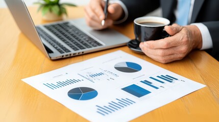 Poster - Business professional analyzing data with charts on paper, using laptop and holding coffee cup.