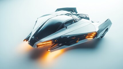 Aufkleber - A glowing, futuristic vehicle with sharp edges and an illuminated front grille, hovering against a bright white background, suggesting futuristic mobility