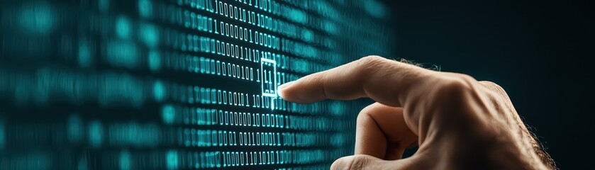 Poster - Close-up of a hand interacting with a glowing digital interface in a tech environment.