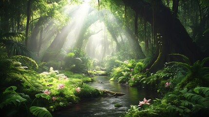 Poster - Lush Green Jungle with Sunbeams Through Trees and Serene Stream Creating a Mystical Atmosphere : Generative AI