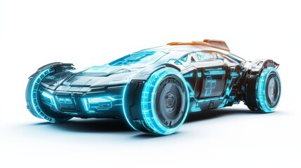 Wall Mural - a high-tech, futuristic car with glowing edges and a digital interface, resting on a clean white bac