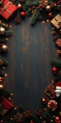 Poster - Festive Rustic Christmas Border with Pine Cones and Fir Branches on Wooden Background : Generative AI