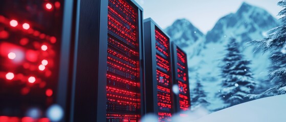 Poster - Data center with high-tech servers illuminated in red light, surrounded by snowy mountains.
