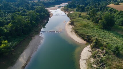 Poster - Untouched River Flowing Through Dense Forest and Rolling Hills in Pristine Natural Setting : Generative AI
