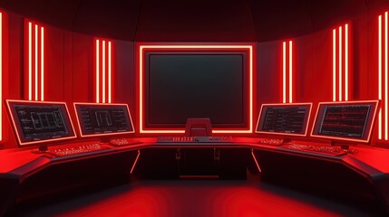 Poster - Futuristic control room with glowing red lights and multiple screens, ideal for tech-themed projects.