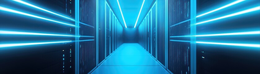 Poster - Futuristic data center corridor with glowing blue lights and modern server racks.