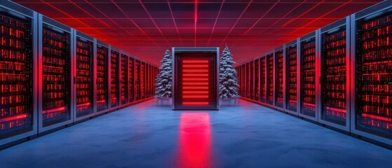Poster - Futuristic data center with red lighting, servers in rows, modern architecture, and a sleek design.