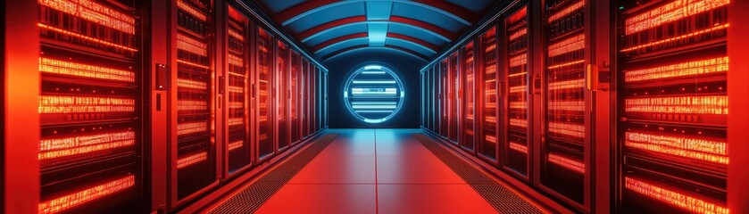 Poster - Futuristic data center with racks of servers illuminated in red and blue lights on a sleek, modern corridor.