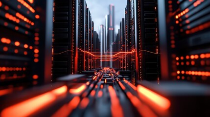 Poster - Futuristic data center with rows of servers illuminated by red lights, showcasing advanced technology and connectivity.