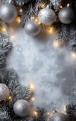 Poster - Christmas Decorations with Silver Baubles and Fairy Lights on Frosted Pine Branch Background : Generative AI