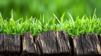 Aufkleber - Fresh Green Grass Growing on Old Rustic Wooden Surface Close up : Generative AI