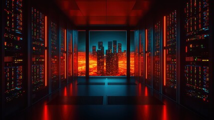 Poster - Futuristic server room with glowing lights and an urban skyline backdrop.
