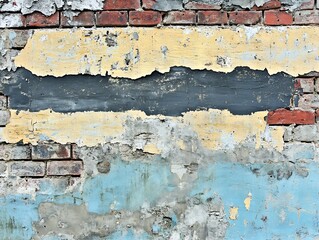 Poster - Textured Weathered Plaster Wall with Exposed Bricks in Vibrant Vintage Blue and Yellow Hues : Generative AI