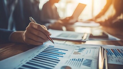 Poster - team analyzing financial reports together in office