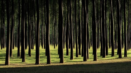 Poster - Tall Pine Trees Casting Shadows in Mysterious Sunlit Forest Landscape : Generative AI