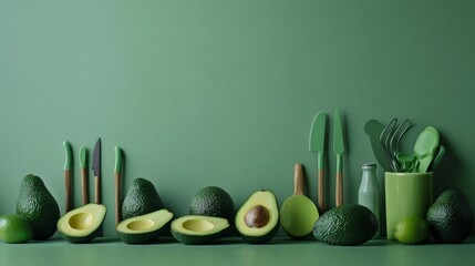 A playful arrangement of whole and sliced avocados with kitchen utensils, highlighting their versatility in cooking against a pristine background