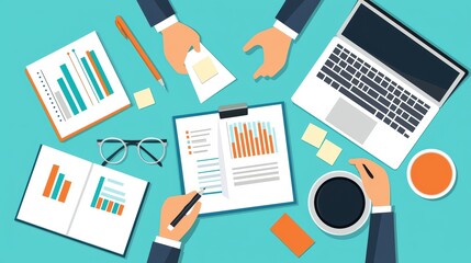 Poster - Overview of a business workspace with charts, a laptop, and hands collaborating.