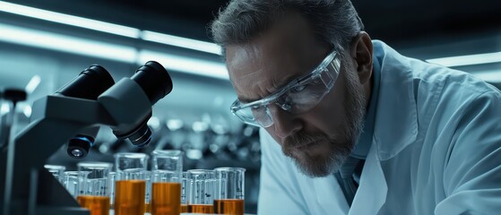 Poster - scientist focused on experiment with microscope and test tubes in modern lab setting.