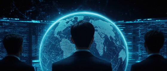 Poster - Three professionals observing a digital globe with data analytics in a high-tech environment.