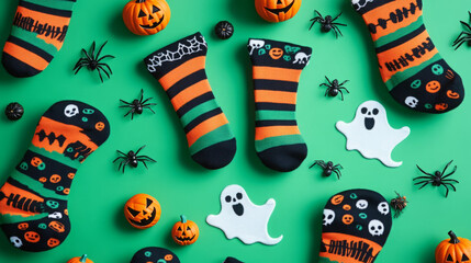 Festive Halloween socks with playful designs on a vibrant green backdrop.