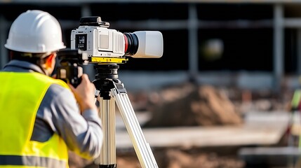Poster - Surveyor using advanced camera equipment for construction site measurement and analysis : Generative AI