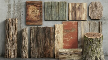 Canvas Print - Collection of vintage-style wooden planks and saw-cut tree trunks, featuring textured wood boards and a rough-cut tree stump