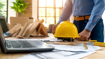 Leinwandbilder - Architectural engineer reviewing building plans with yellow safety helmet in modern office : Generative AI