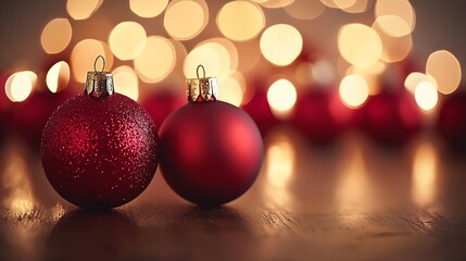 Poster - Romantic Christmas Setting with Red Baubles and Bokeh Lights for Festive Decor : Generative AI