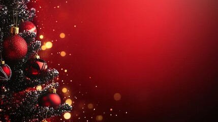 Poster - Festive Christmas Tree with Vibrant Red and Gold Ornaments on Shimmering Red Background : Generative AI