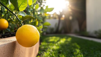 Poster - Sunlit Orange on Branch in Vibrant Home Garden with Blurred Background : Generative AI