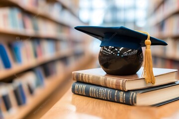 Poster - Close up of graduation cap and books in academic library educational success concept higher learning achievement : Generative AI