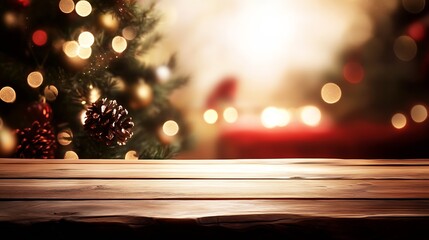 Fototapete - Rustic Table with Pinecone and Christmas Tree Bokeh Lights in Warm Seasonal Ambiance : Generative AI