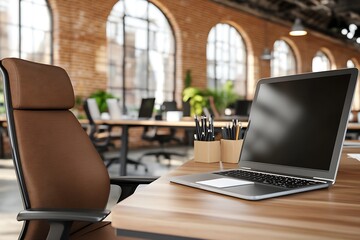 Fototapete - Stylish Workspace with Laptop and Comfortable Chair in Loft Office : Generative AI