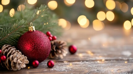 Poster - Elegant Red Ornament and Pinecone Christmas Arrangement with Soft Bokeh Background : Generative AI