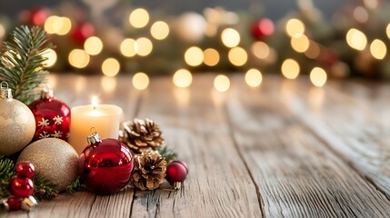 Poster - Festive Christmas Arrangement with Candles and Pinecones on Rustic Wooden Background : Generative AI