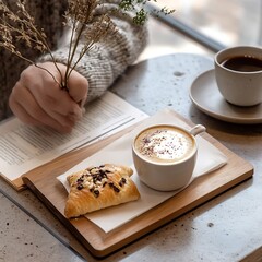 Aufkleber - Morning setup with coffee and croissant in cozy atmosphere perfect for relaxation and reading : Generative AI