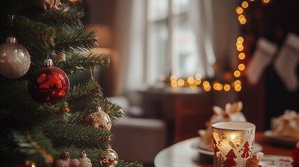 Fototapete - Festive Holiday Living Room with Christmas Stockings and Candlelight : Generative AI