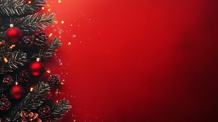 Poster - Festive Christmas Tree with Red Ornaments on Vibrant Red Background with Falling Snowflakes : Generative AI