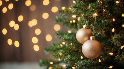 Aufkleber - Stylish Christmas Tree with Golden Ornaments and Soft Bokeh Lights for a Sophisticated Holiday Ambiance : Generative AI