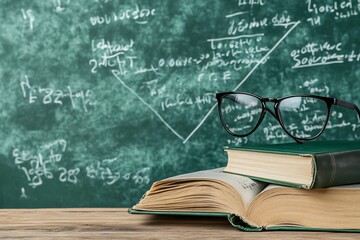 Leinwandbilder - Educational Classroom Chalkboard with Math Formulas and Reading Glasses on Books : Generative AI