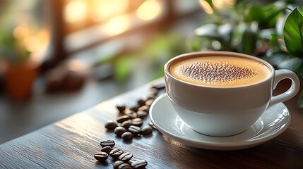 Poster - Morning Light on Freshly Brewed Coffee with Coffee Beans and Greenery : Generative AI
